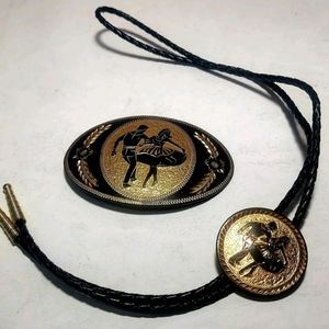 Lazy K Western Belt Oval Buckle & Matching Bolo Tie Man & Woman Dancing Gold